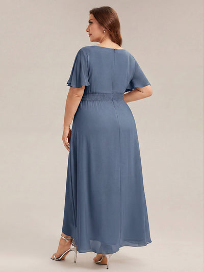Plus Size High-Low Chiffon Wedding Guest Dress #color_Dusty Blue