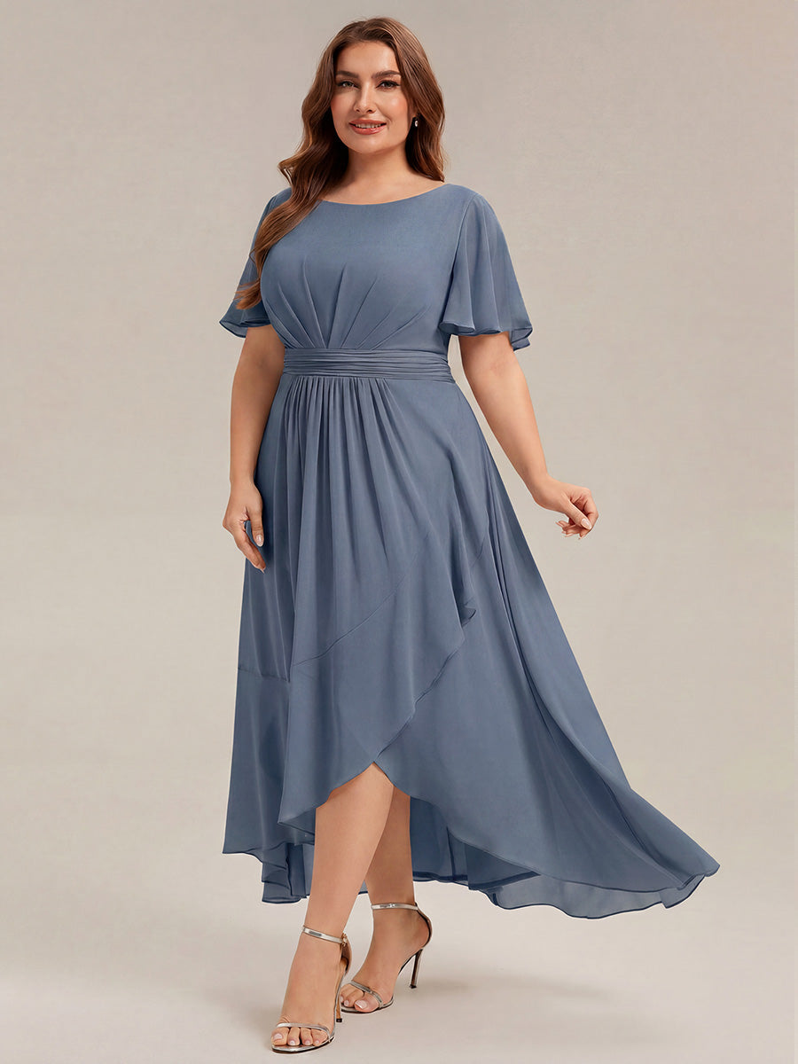 Plus Size High-Low Chiffon Wedding Guest Dress #color_Dusty Blue