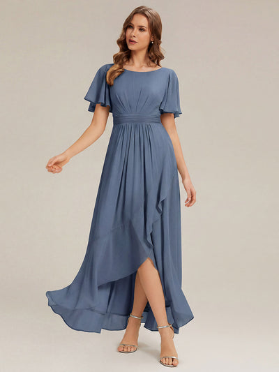 ever SAGE|High Low Ruched Chiffon Ruffle Sleeve Bridesmaid Dress