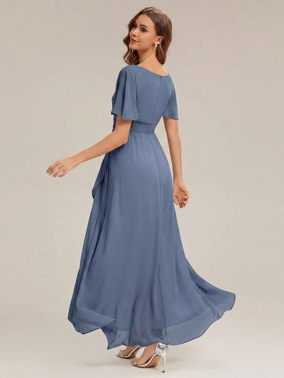 Chiffon Ruffle Short Sleeve Wedding Guest Dress #color_Dusty Blue