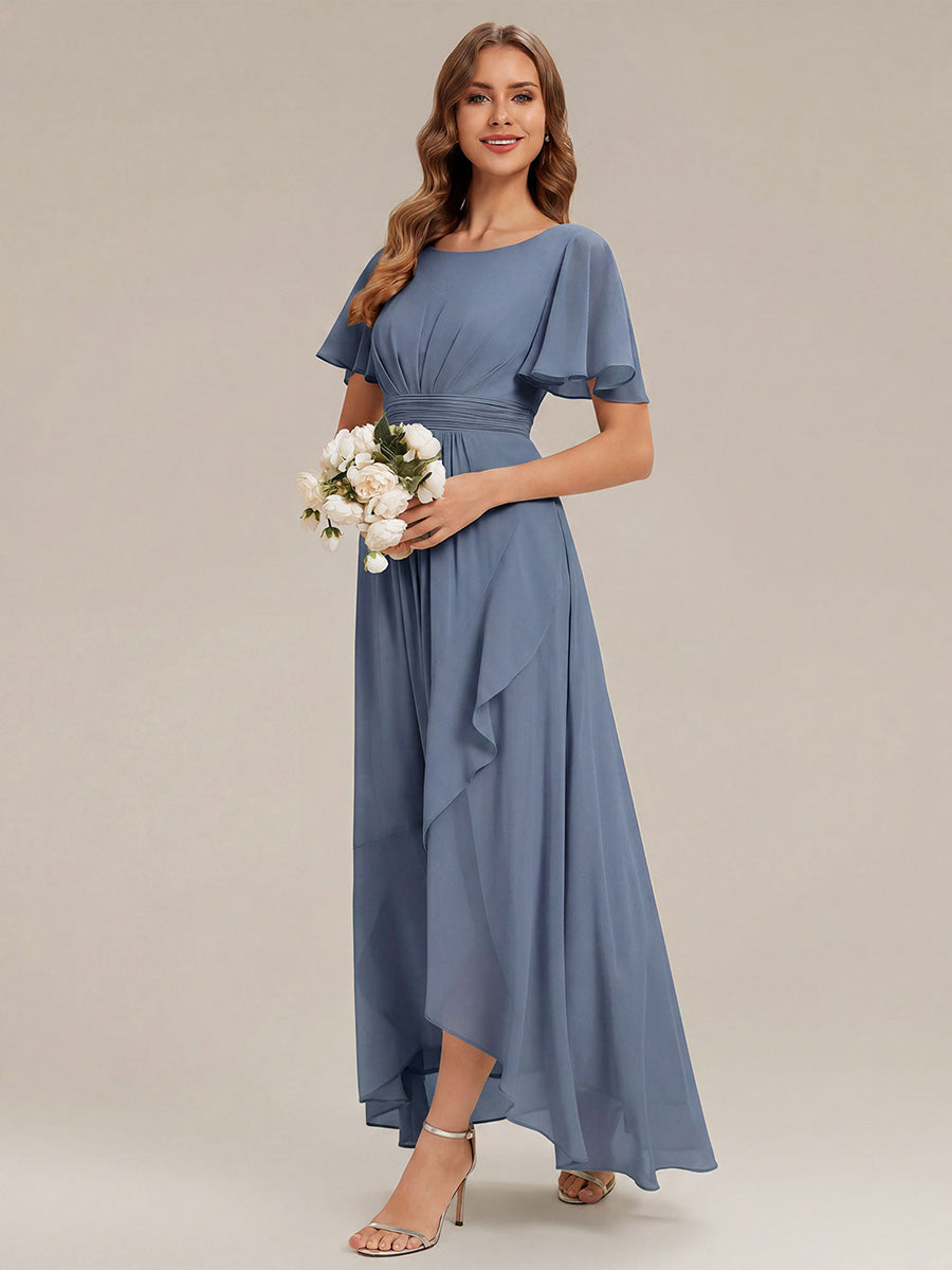 Chiffon Ruffle Short Sleeve Wedding Guest Dress #color_Dusty Blue