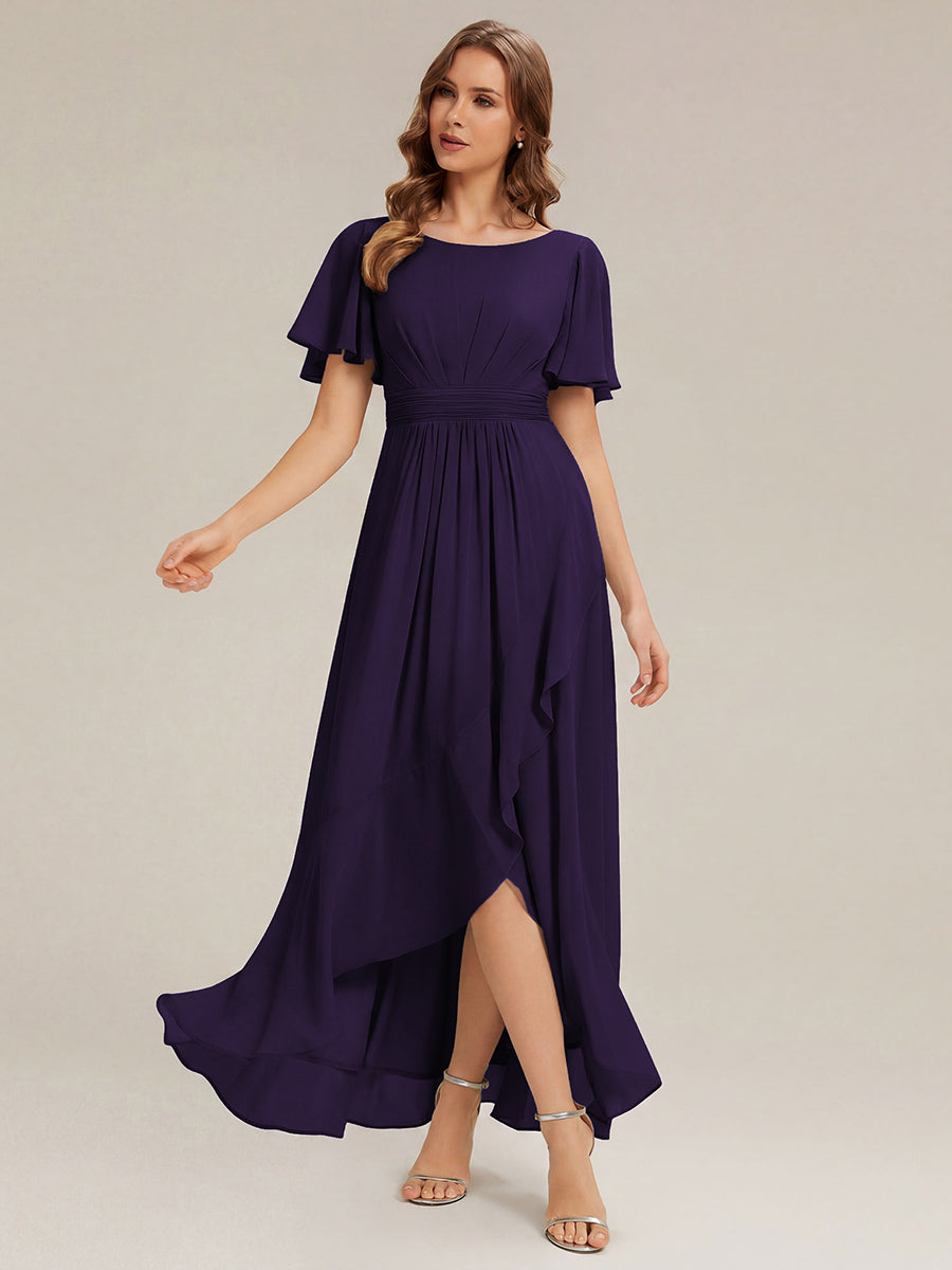 Chiffon Ruffle Short Sleeve Wedding Guest Dress #color_Dark Purple