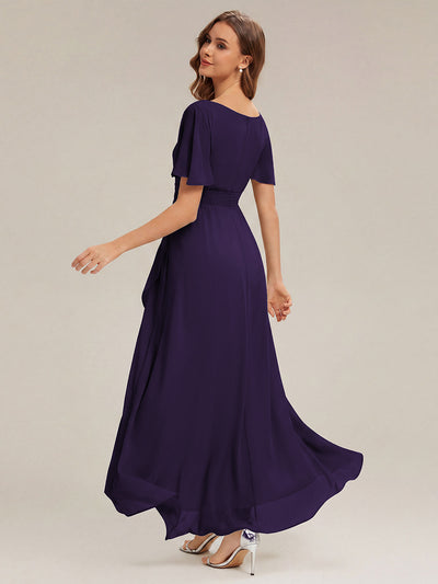 Chiffon Ruffle Short Sleeve Wedding Guest Dress #color_Dark Purple