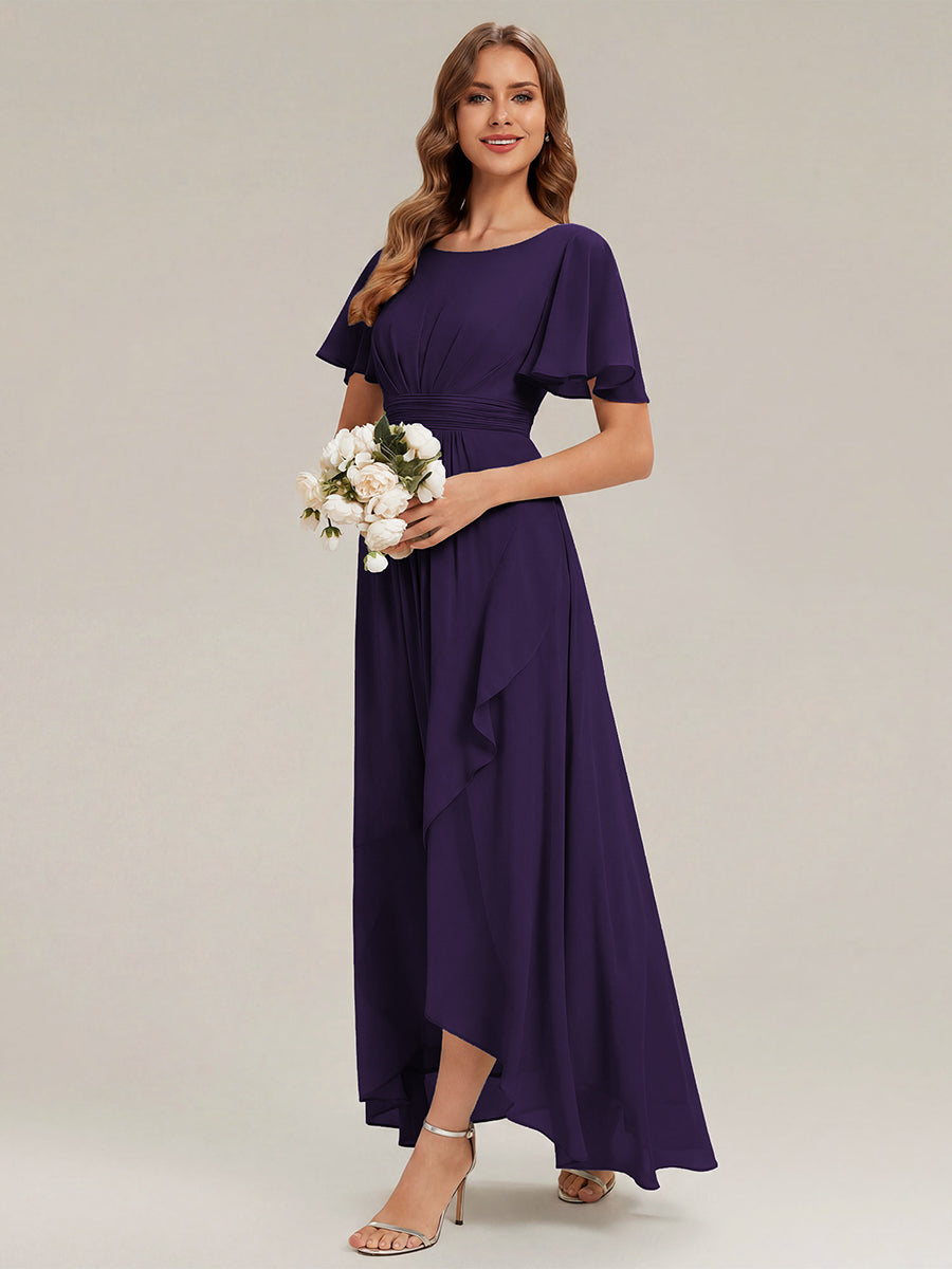 Chiffon Ruffle Short Sleeve Wedding Guest Dress #color_Dark Purple