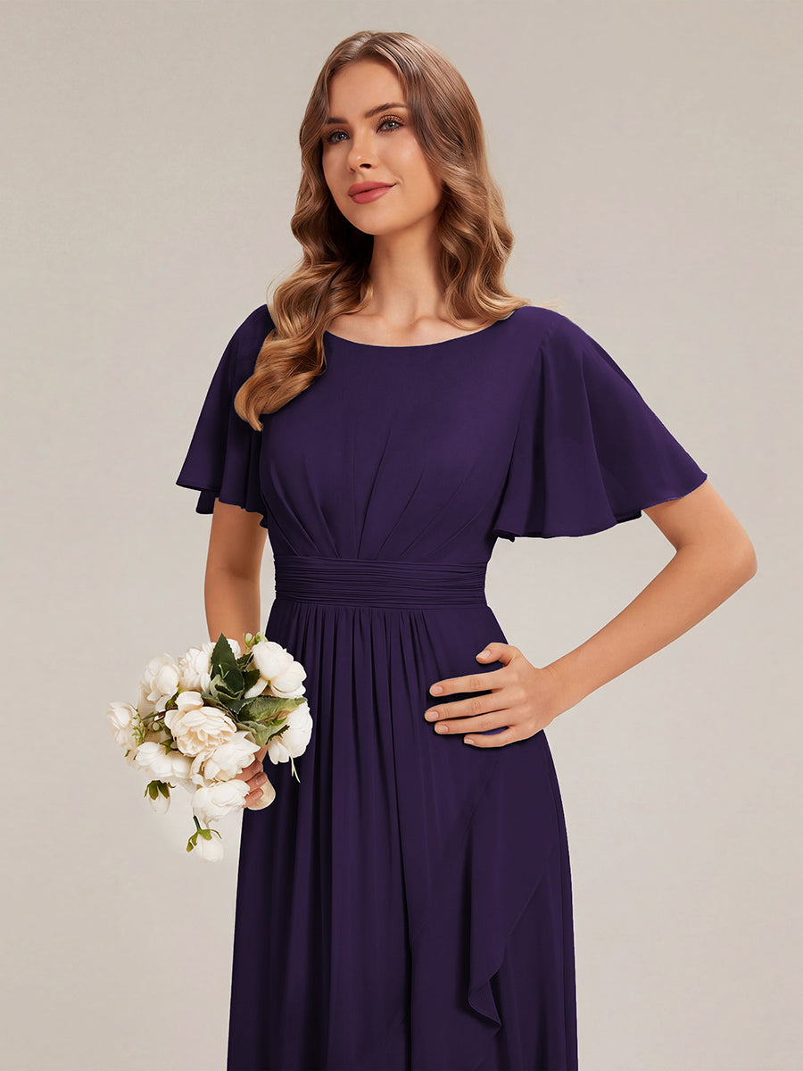 Chiffon Ruffle Short Sleeve Wedding Guest Dress #color_Dark Purple