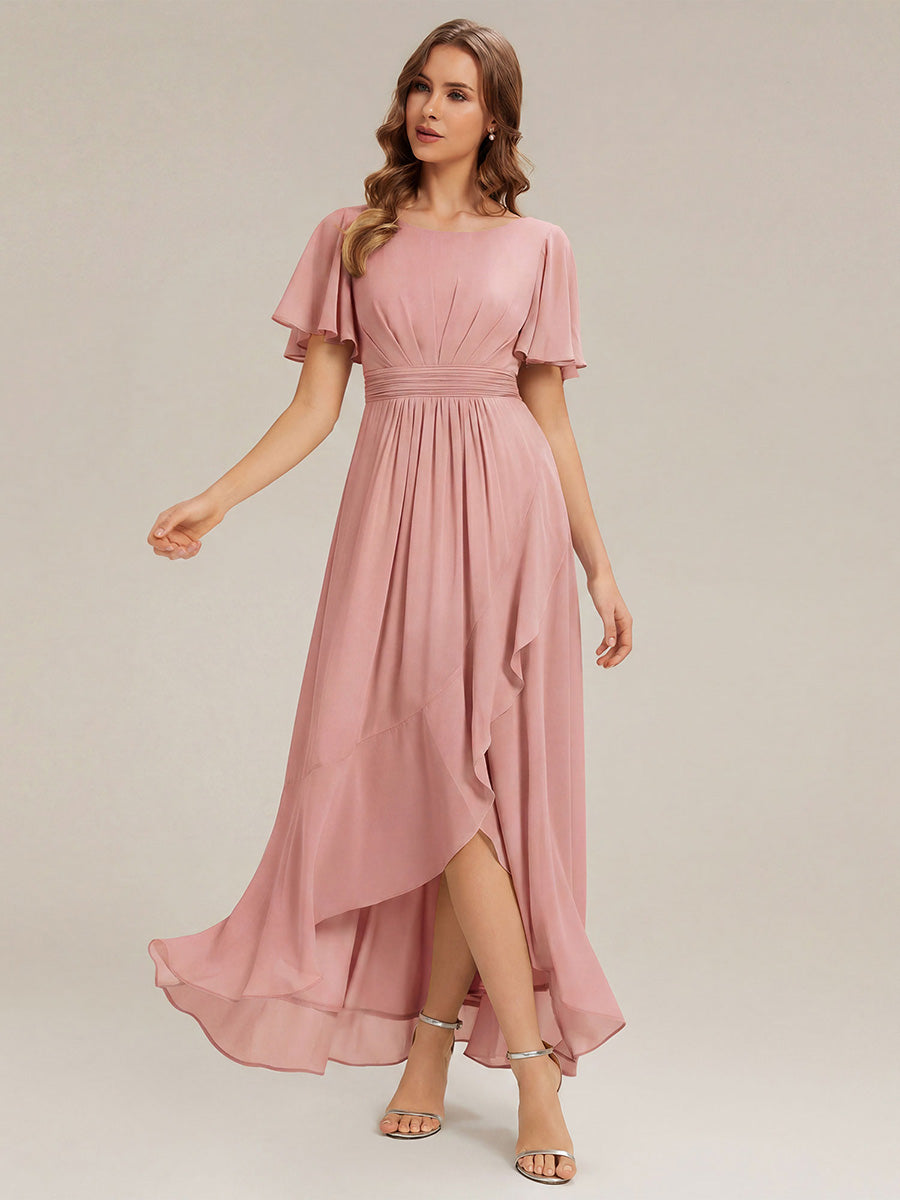 Chiffon Ruffle Short Sleeve Wedding Guest Dress #color_Dusty Rose