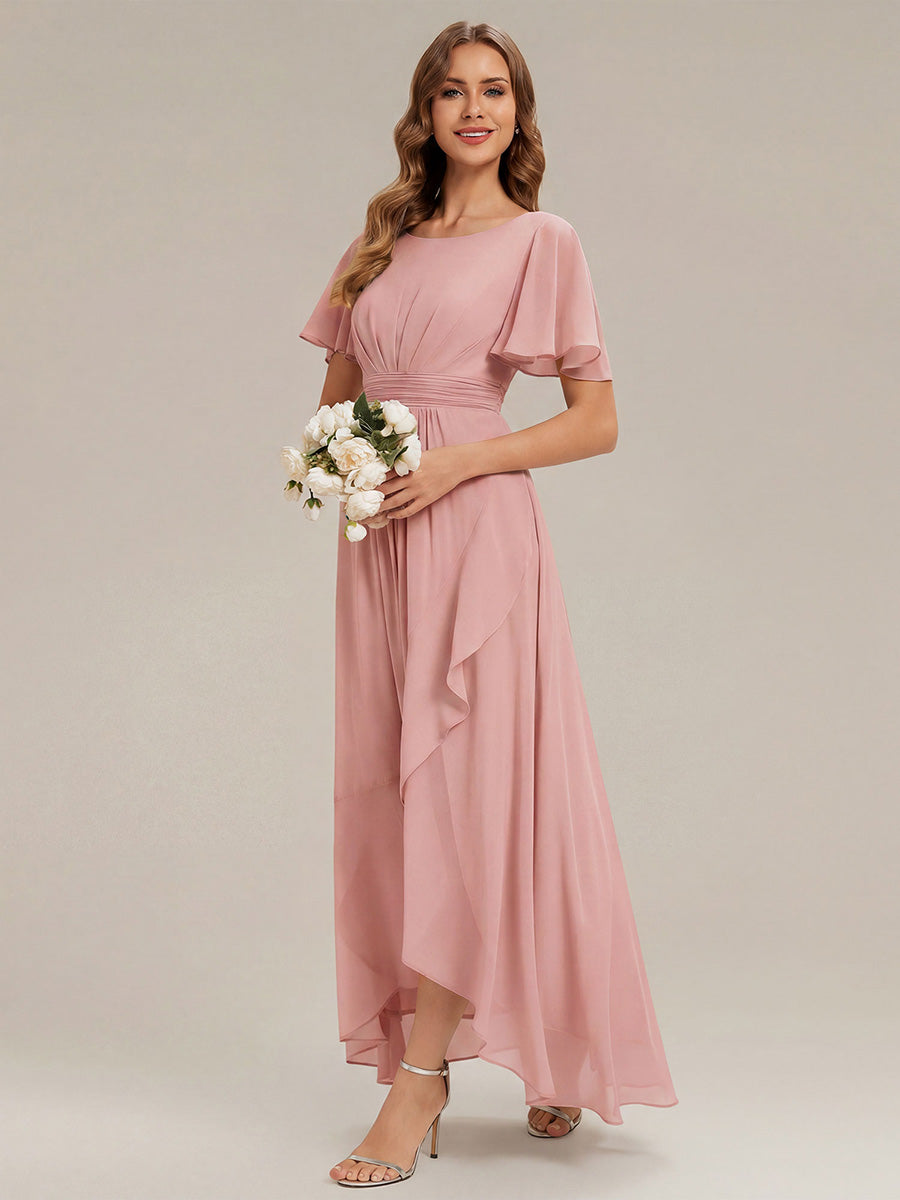 Chiffon Ruffle Short Sleeve Wedding Guest Dress #color_Dusty Rose