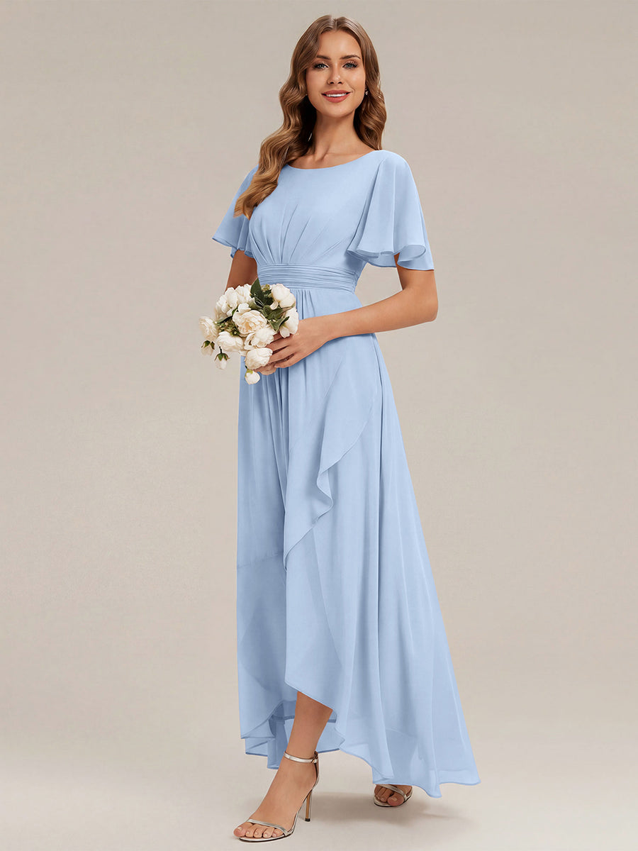 Chiffon Ruffle Short Sleeve Wedding Guest Dress #color_Ice Blue