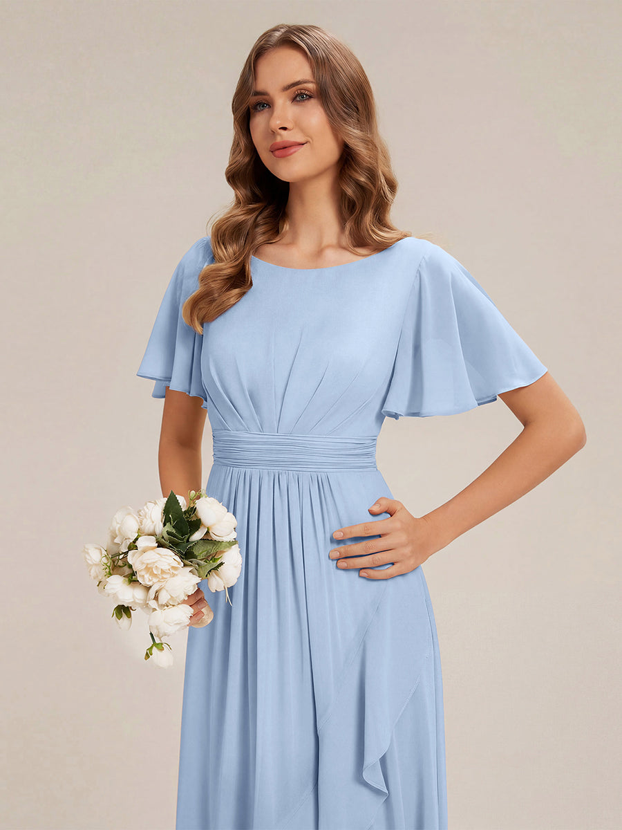 short chiffon dresses with sleeves Ever-Pretty Flutter Sleeve Ruched Waist High-Low Chiffon Budget Bridesmaid Dress