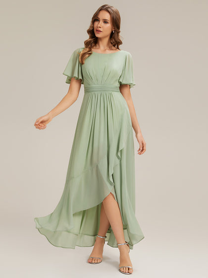 ever SAGE|High Low Ruched Chiffon Ruffle Sleeve Bridesmaid Dress