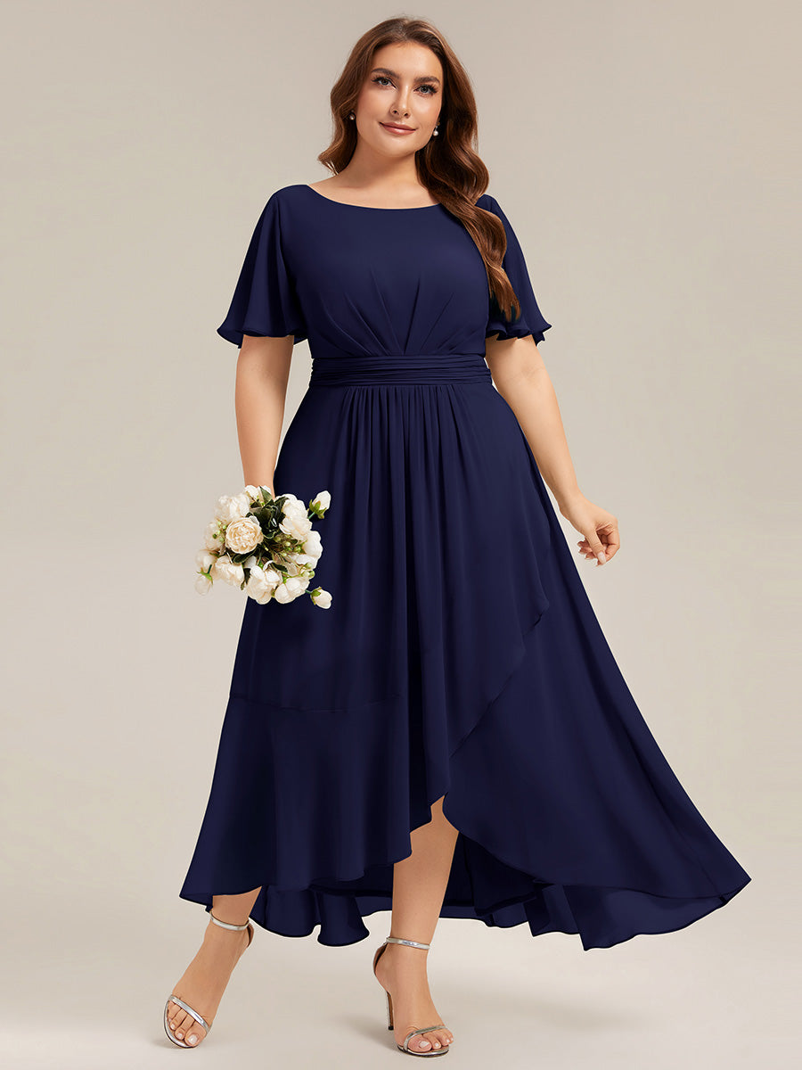 Chiffon Ruffle Short Sleeve Wedding Guest Dress #color_Navy Blue