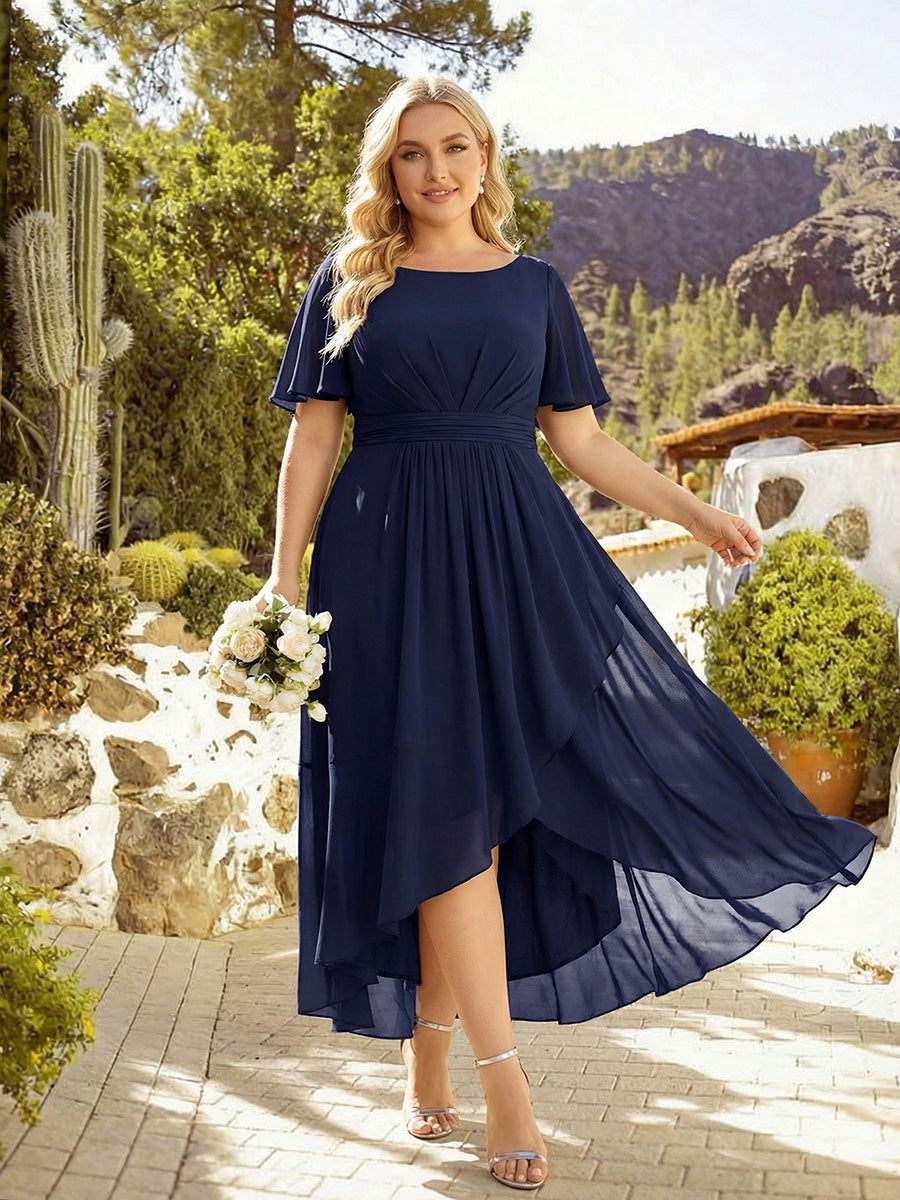 Chiffon Ruffle Short Sleeve Wedding Guest Dress #color_Navy Blue