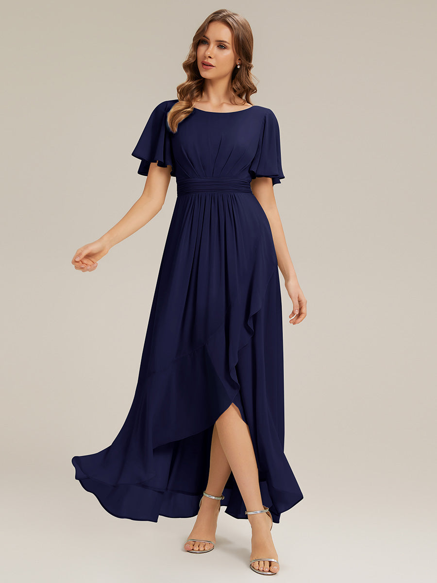 Chiffon Ruffle Short Sleeve Wedding Guest Dress #color_Navy Blue