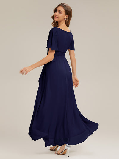 High Low Ruched Chiffon Ruffle Sleeve Bridesmaid Dress #color_Navy Blue