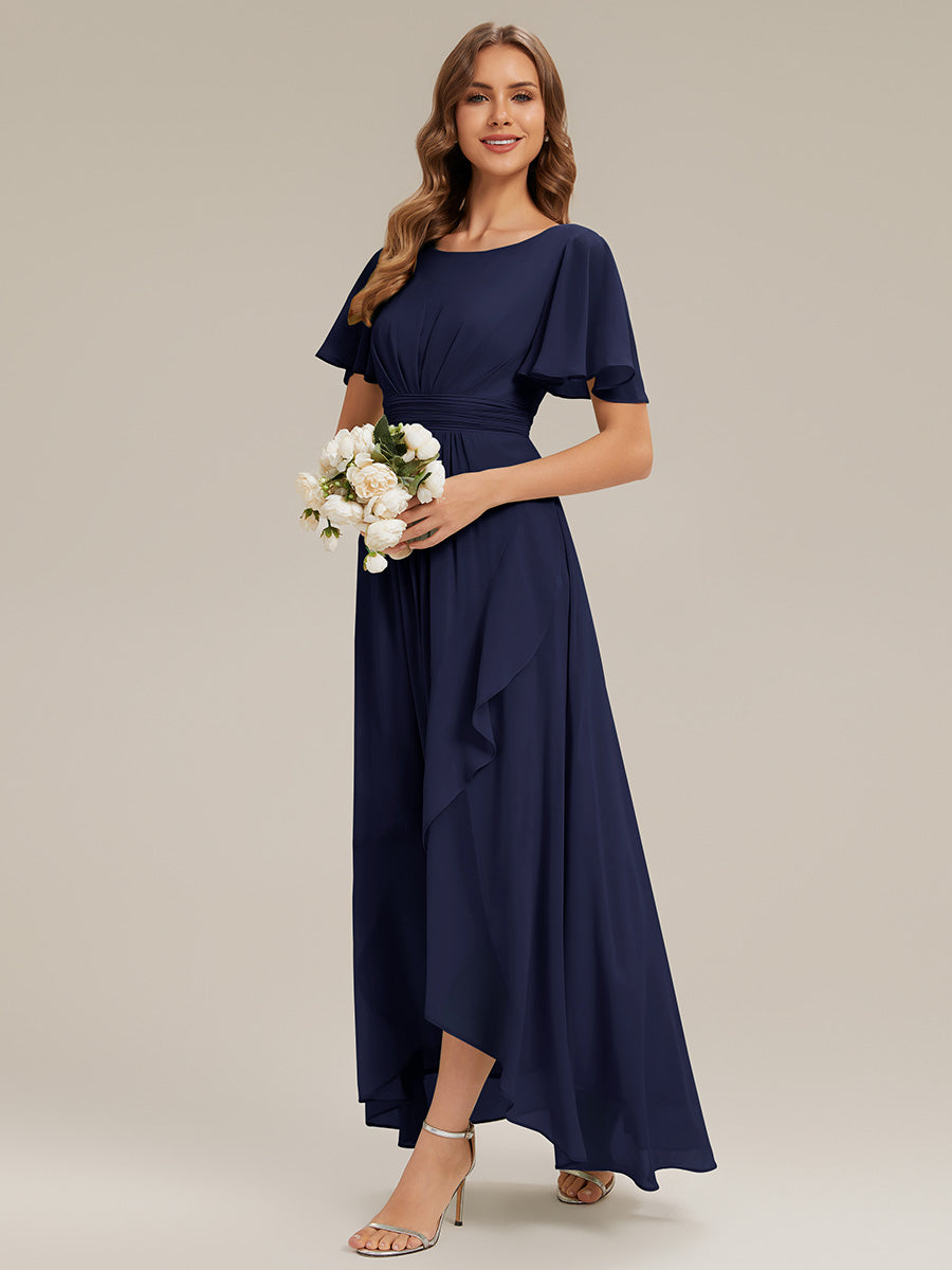 Chiffon Ruffle Short Sleeve Wedding Guest Dress #color_Navy Blue