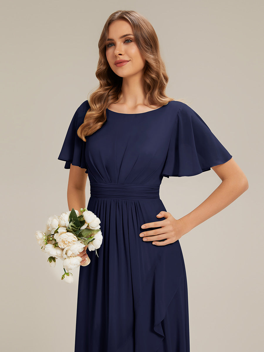 Chiffon Ruffle Short Sleeve Wedding Guest Dress #color_Navy Blue