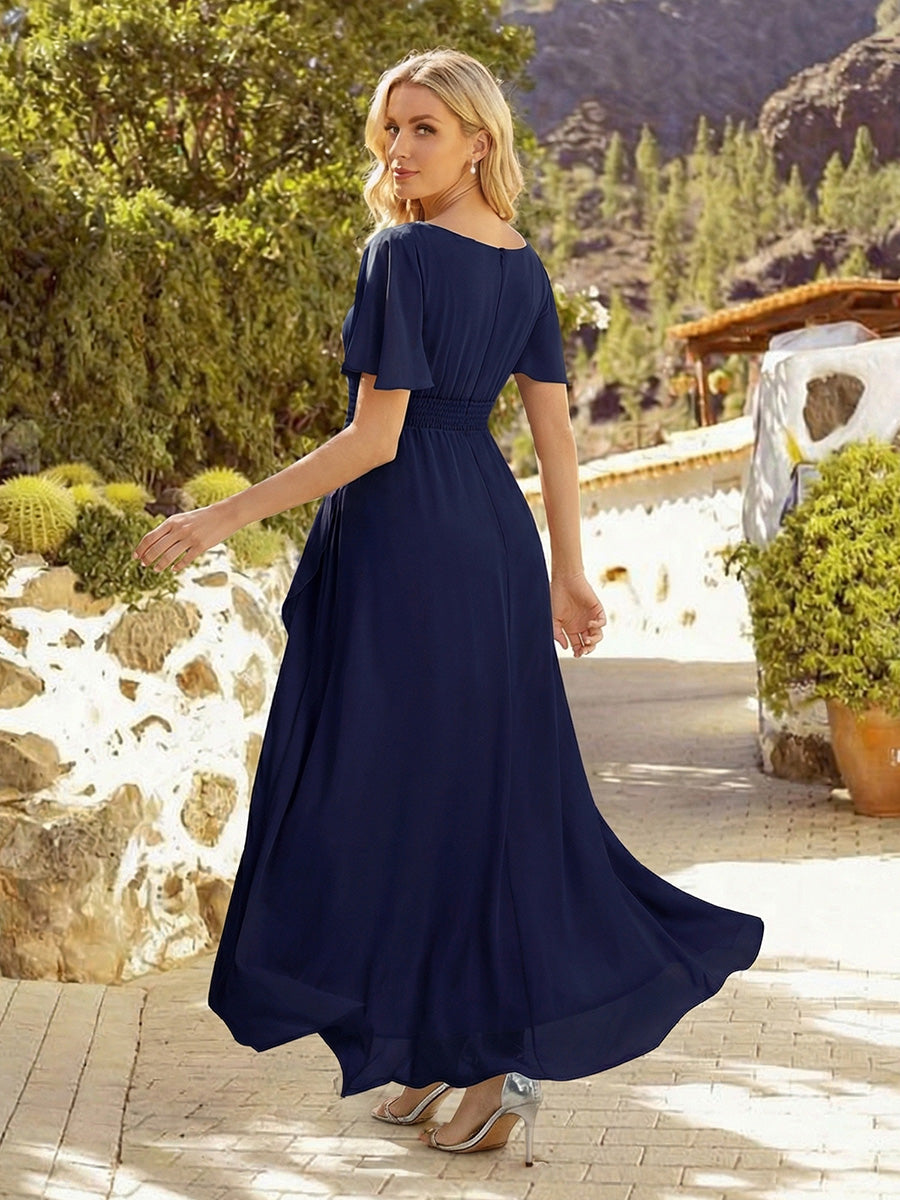 Flutter Sleeve Ruched Waist High-Low Chiffon Wedding Guest Dress - Ever-Pretty US Flutter Sleeve Ruched Waist High-Low Chiffon Wedding Guest Dress - Ever-Pretty US