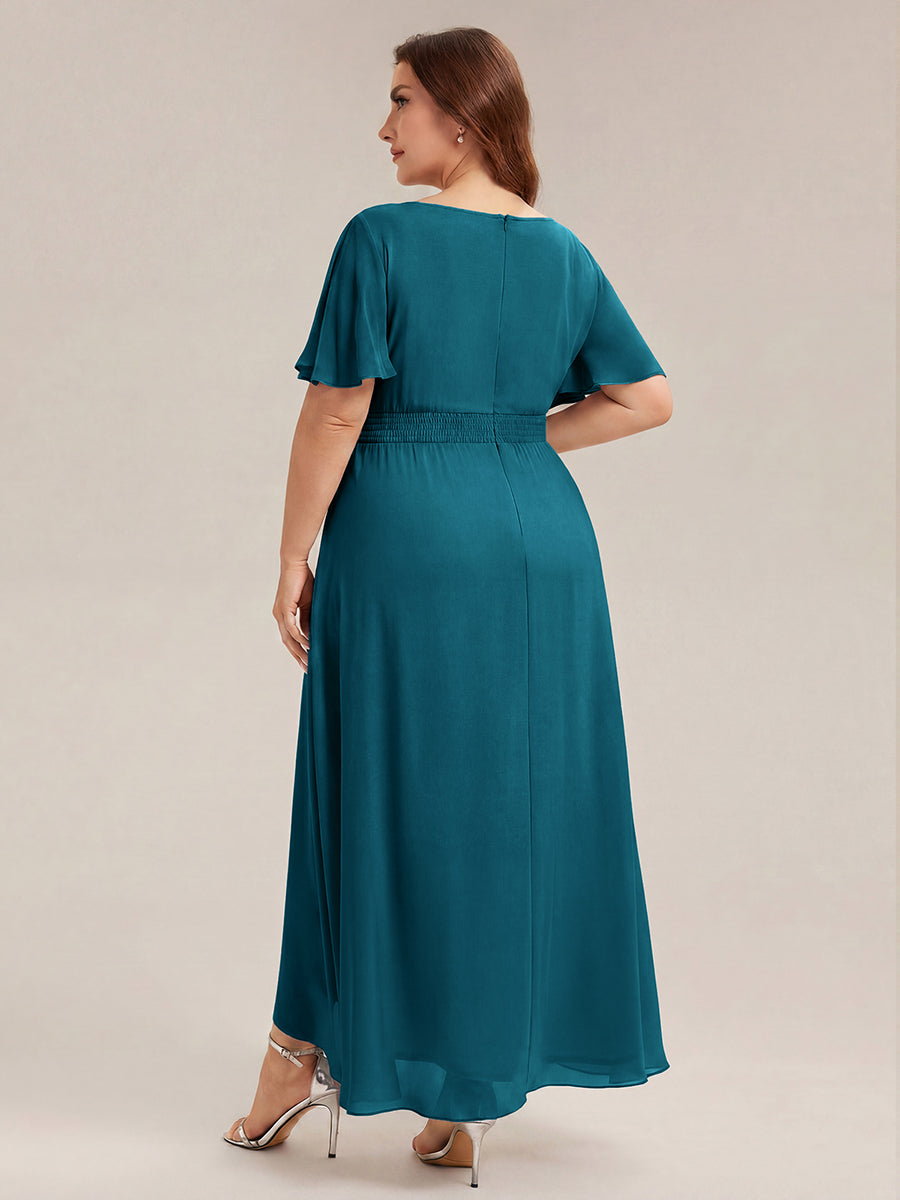 Chiffon Ruffle Short Sleeve Wedding Guest Dress #color_Teal Blue