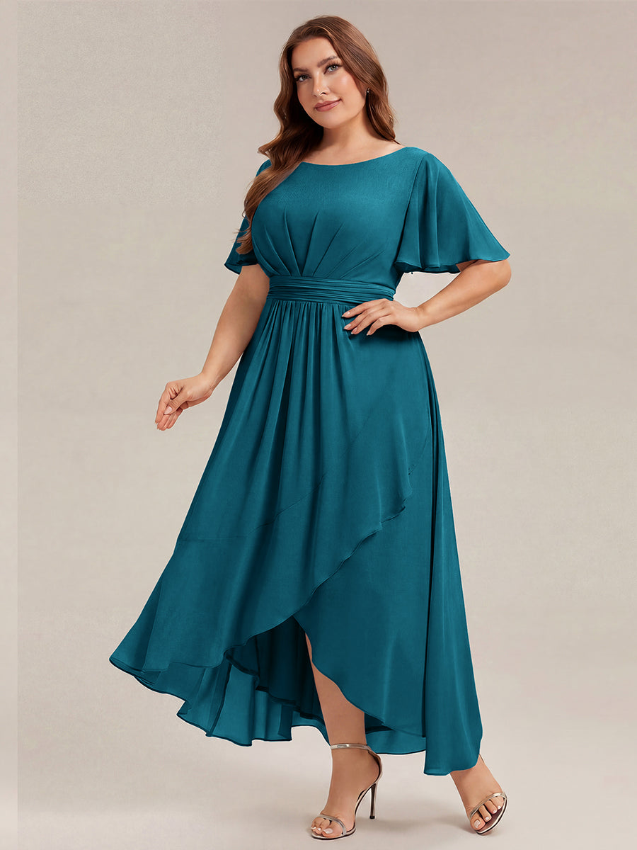 Plus Size High-Low Chiffon Wedding Guest Dress #color_Teal Blue