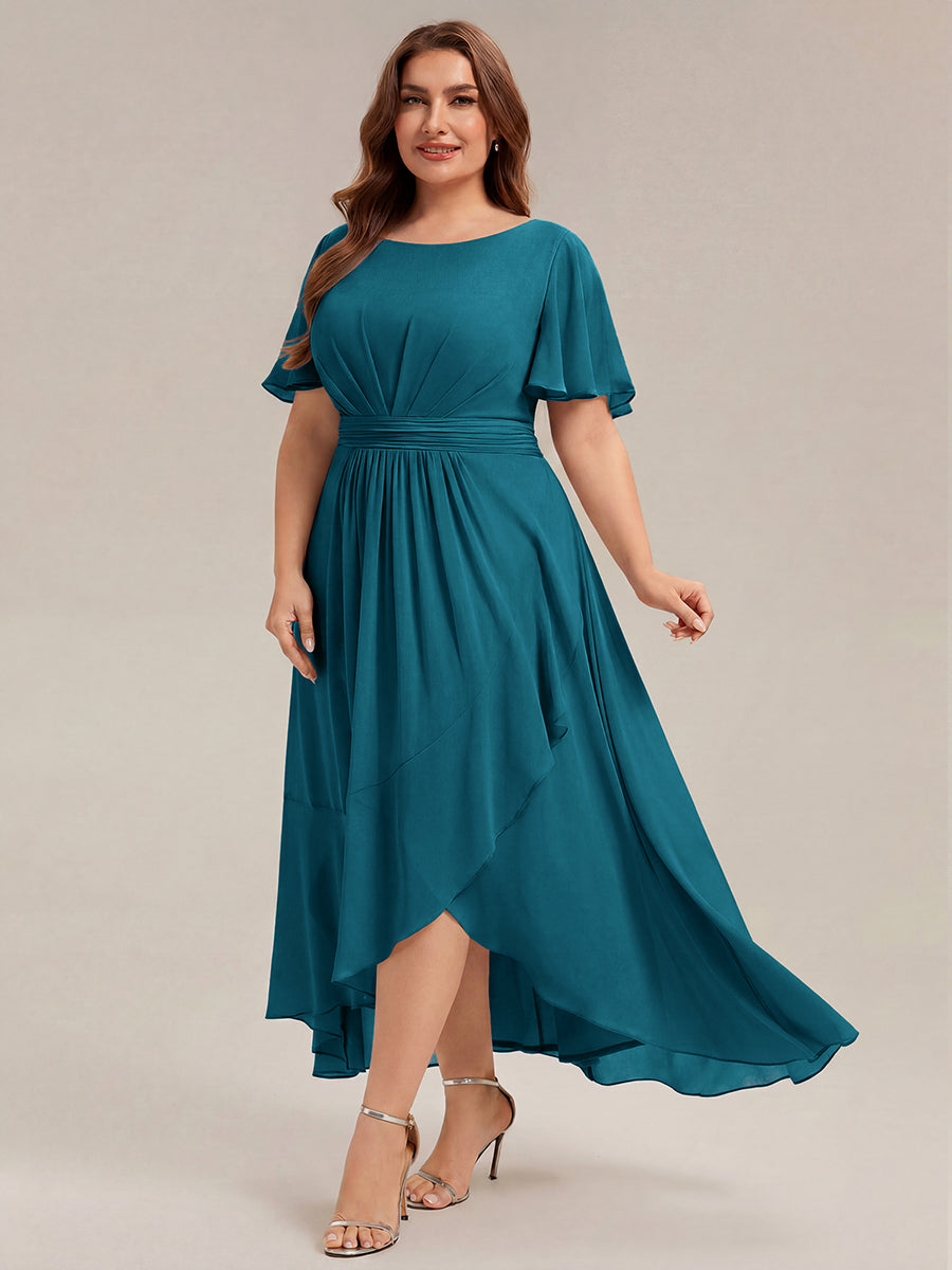Chiffon Ruffle Short Sleeve Wedding Guest Dress #color_Teal Blue