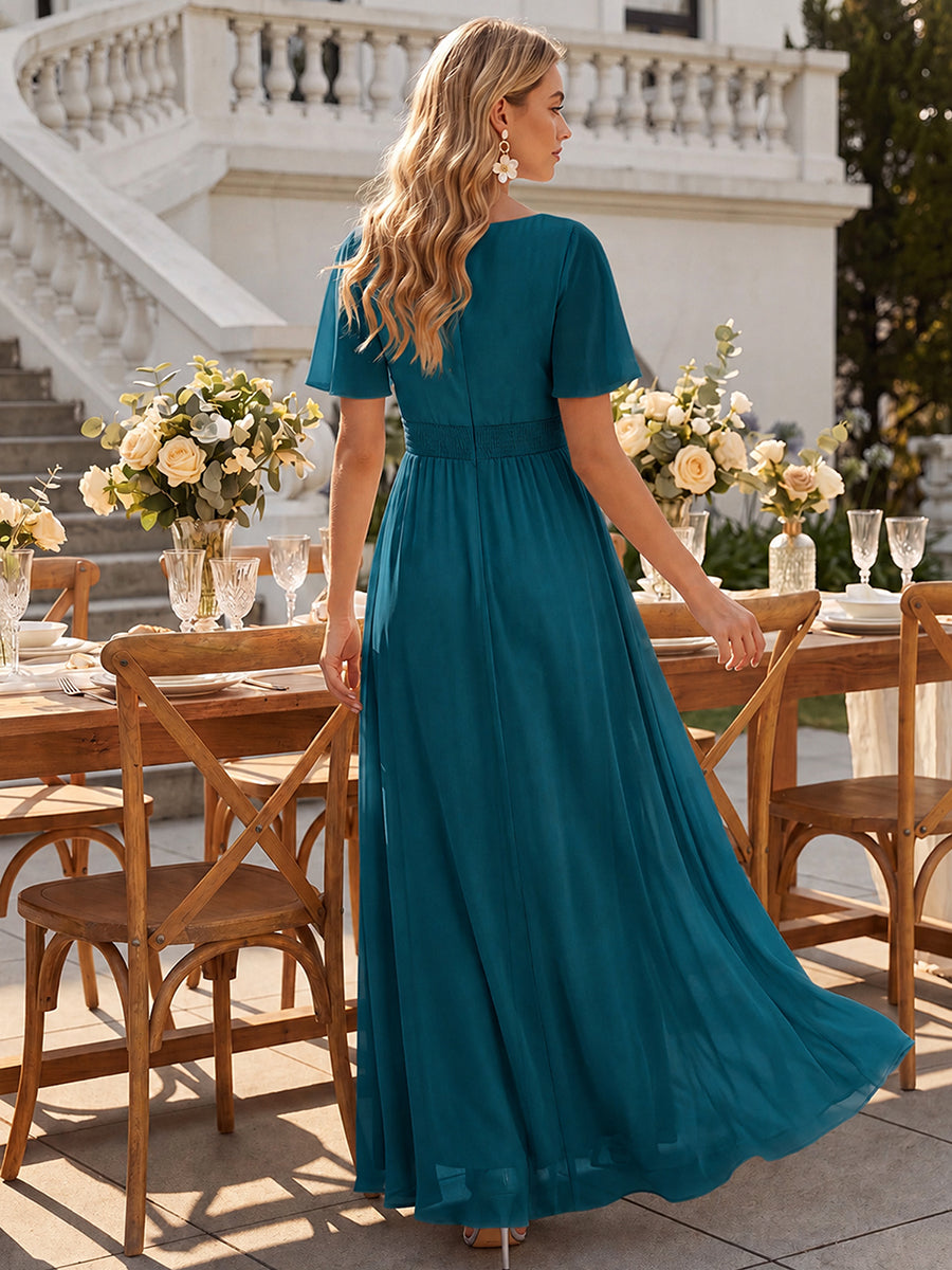 Chiffon Ruffle Short Sleeve Wedding Guest Dress #color_Teal Blue