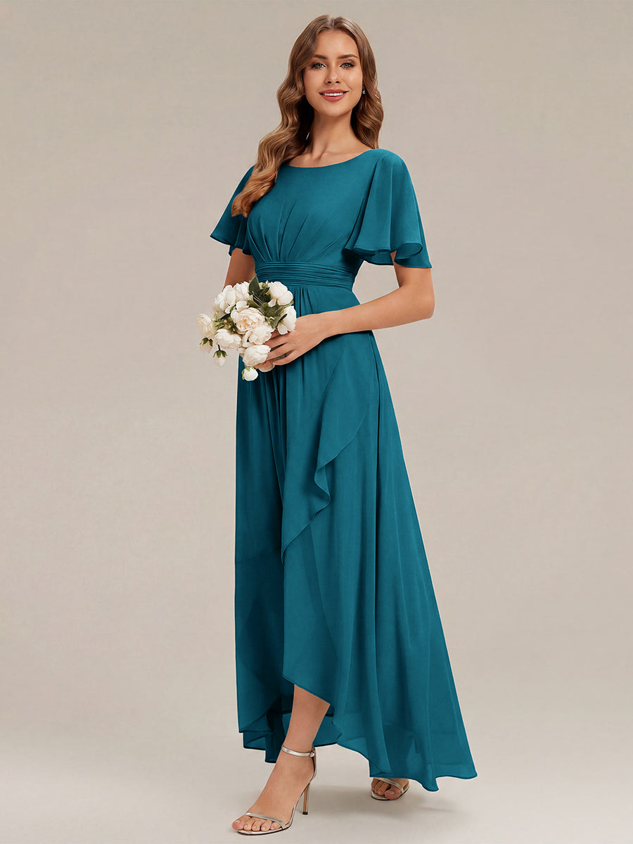 Chiffon Ruffle Short Sleeve Wedding Guest Dress #color_Teal Blue