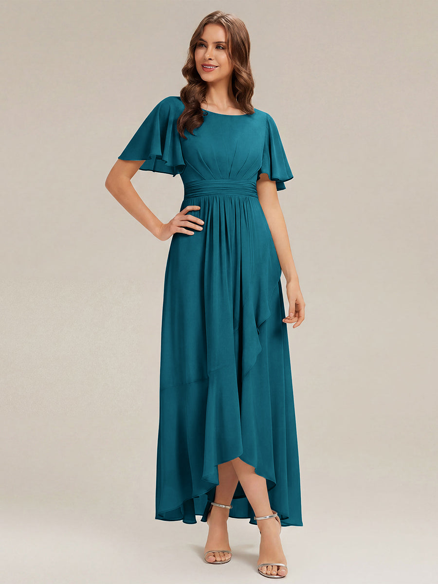Chiffon Ruffle Short Sleeve Wedding Guest Dress #color_Teal Blue