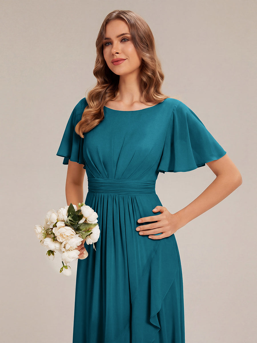 Chiffon Ruffle Short Sleeve Wedding Guest Dress #color_Teal Blue