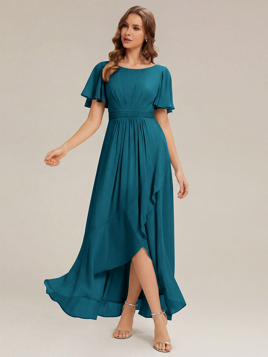 Chiffon Ruffle Short Sleeve Wedding Guest Dress #color_Teal Blue