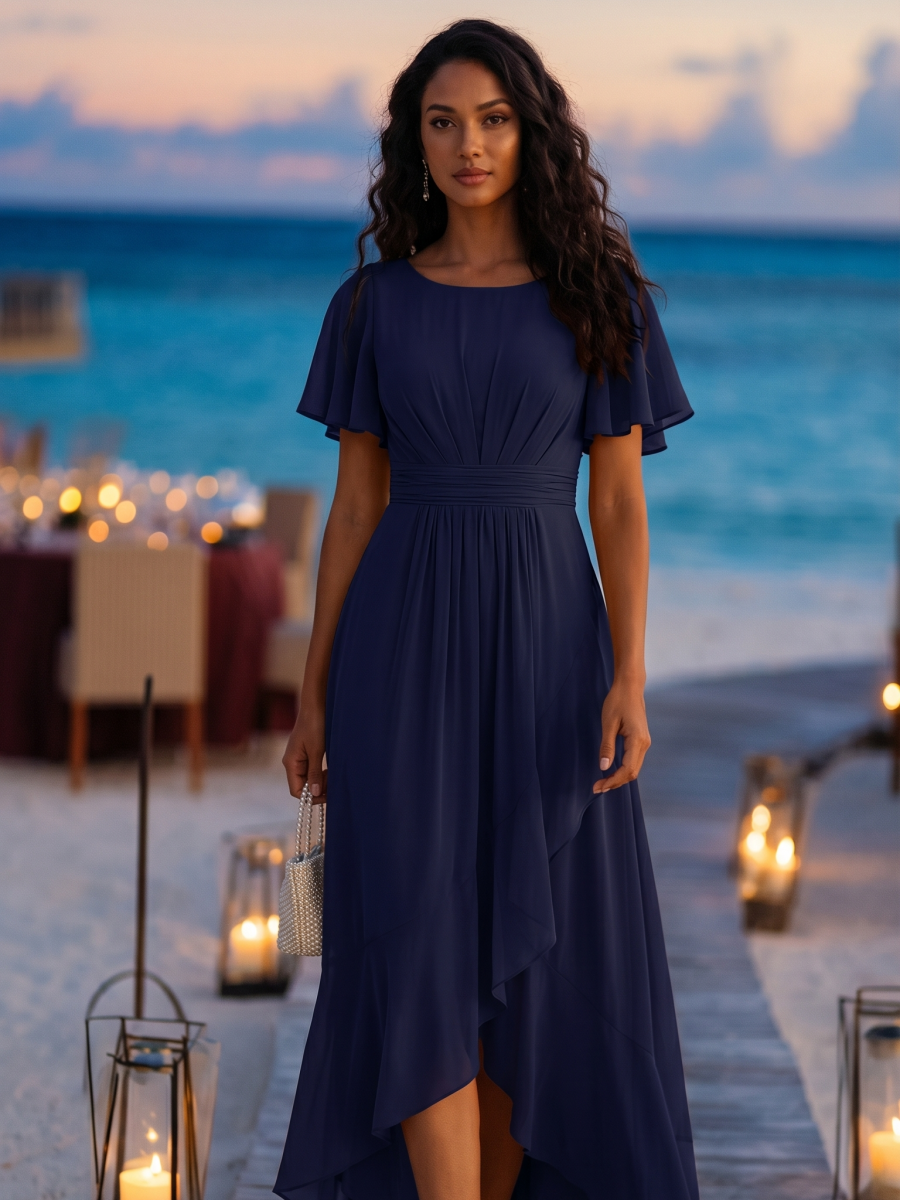 Flutter Sleeve Ruched Waist High-Low Chiffon Wedding Guest Dress - Ever-Pretty US Flutter Sleeve Ruched Waist High-Low Chiffon Wedding Guest Dress - Ever-Pretty US