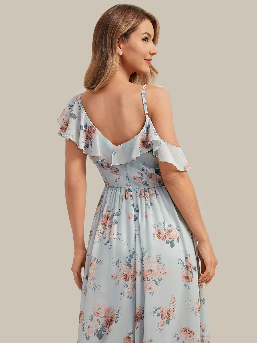Ever-Pretty Ruffle Cold Shoulder Spaghetti Strap A-Line Floor Length Chiffon Maxi Dress