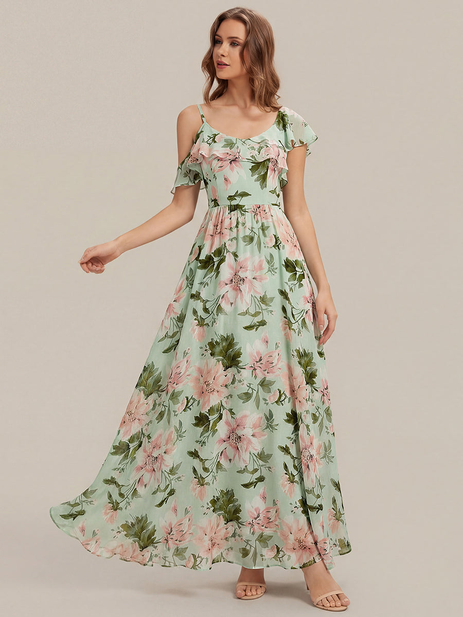 Cold Shoulder Chiffon Ruffle Sleeve Bridesmaid Dress #color_Light Green Floral