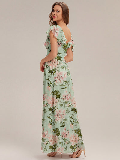 Cold Shoulder Chiffon Ruffle Sleeve Bridesmaid Dress #color_Light Green Floral
