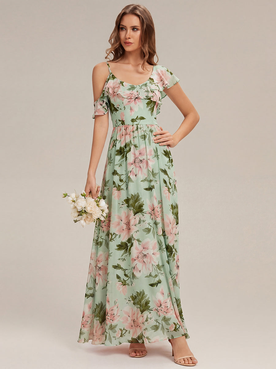 Cold Shoulder Chiffon Ruffle Sleeve Bridesmaid Dress #color_Light Green Floral