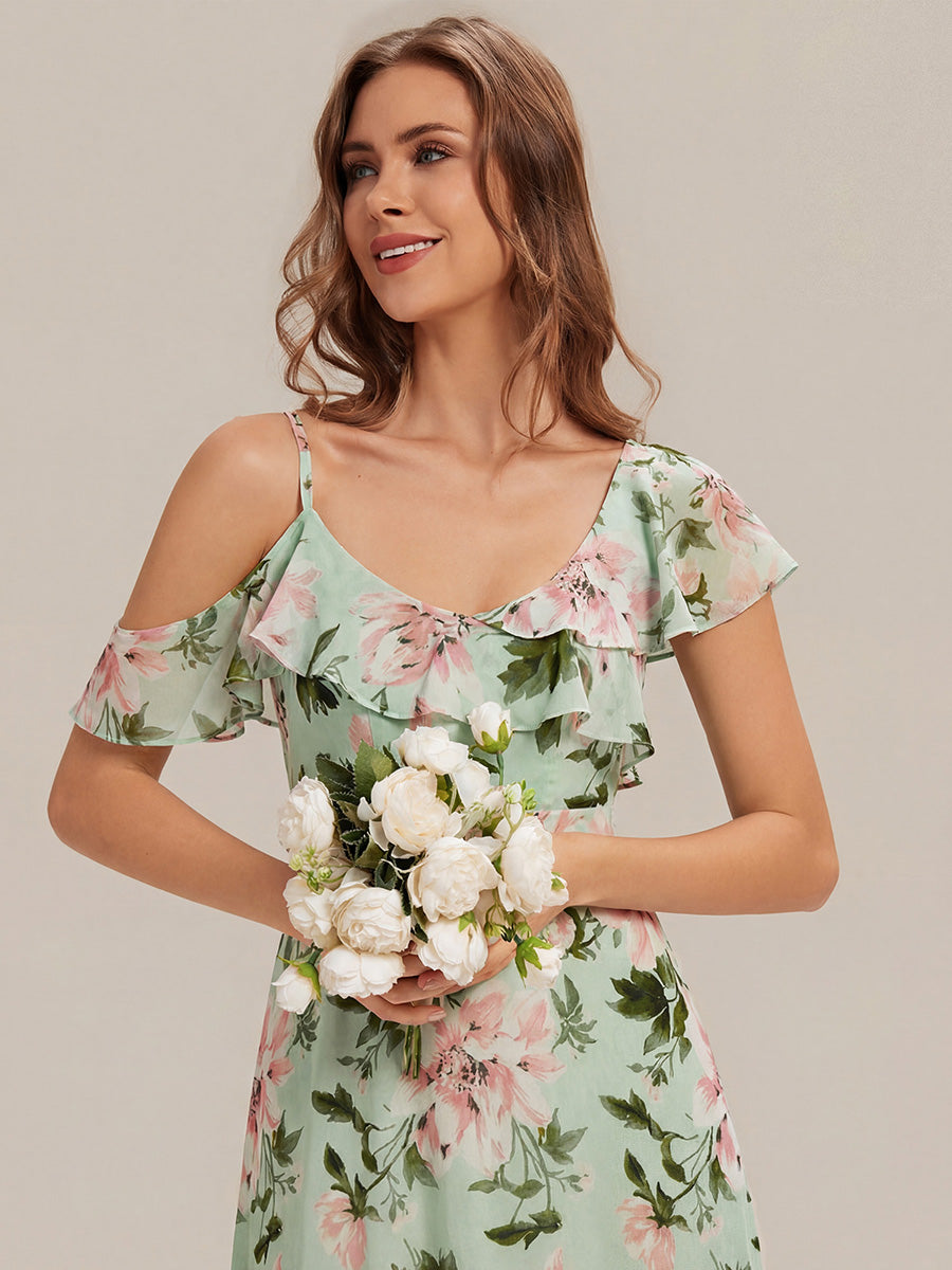 Cold Shoulder Chiffon Ruffle Sleeve Bridesmaid Dress #color_Light Green Floral