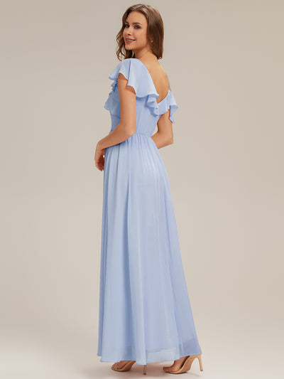 Cold Shoulder Chiffon Ruffle Sleeve Bridesmaid Dress #color_Ice Blue