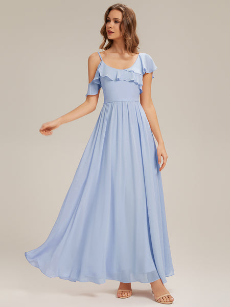 Ever-Pretty Ruffle Cold Shoulder Spaghetti Strap A-Line Floor Length Chiffon Fall Formal Wedding Guest Dress
