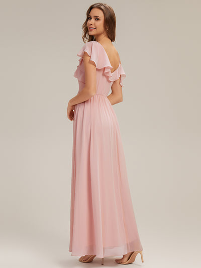 Cold Shoulder Chiffon Ruffle Sleeve Bridesmaid Dress #color_Pink