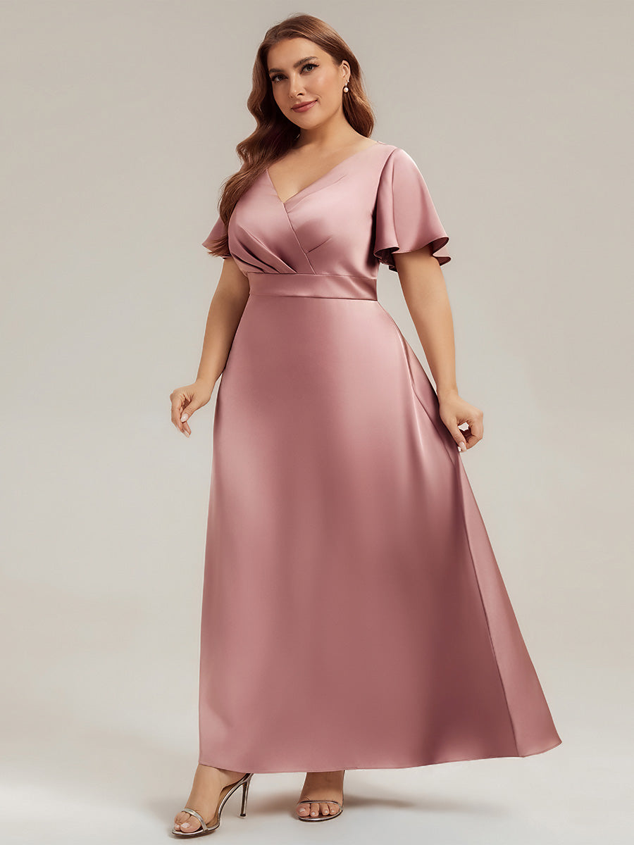 curvy bridesmaid dresses Ever-Pretty Plus Size Satin Ruffle Sleeve Satin Dress with a dramatic train