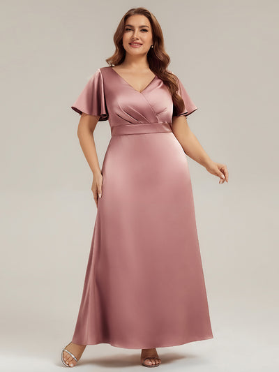 Plus Size Satin Ruffle Sleeve Bridesmaid Dress