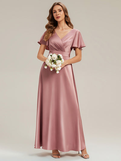 Gathered Satin Ruffle Sleeve Bridesmaid Dress