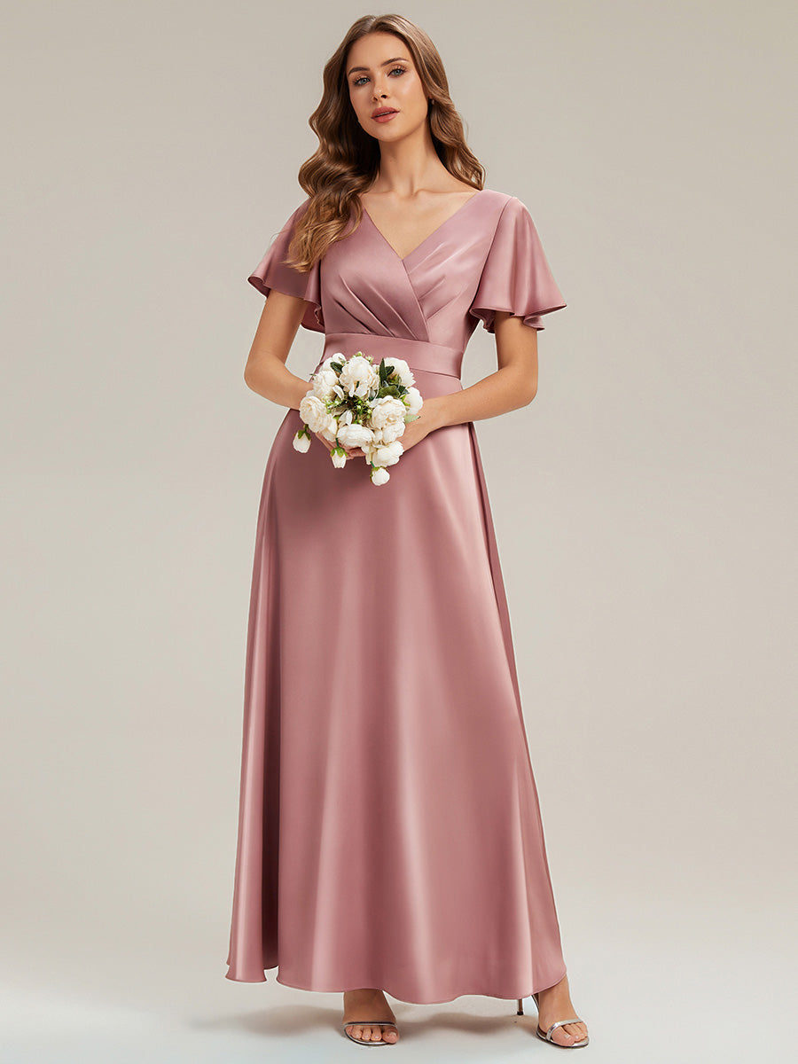 Gathered Satin Ruffle Sleeve Bridesmaid Dress #color_Purple Orchid