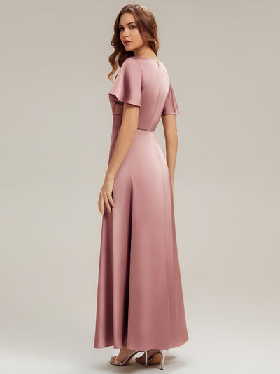 Gathered Satin Ruffle Sleeve Bridesmaid Dress #color_Purple Orchid