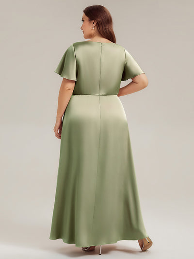 Plus Size Satin Ruffle Sleeve Bridesmaid Dress #color_Sage Green