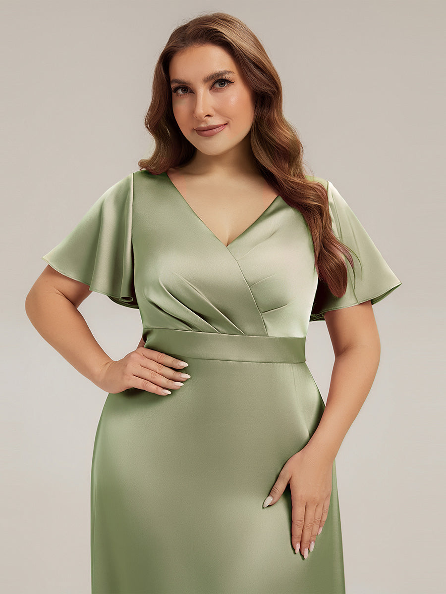 plus size wrap bridesmaid dress Ever-Pretty Inclusive Satin Ruffle Sleeve overweight plus size bridesmaid dresses