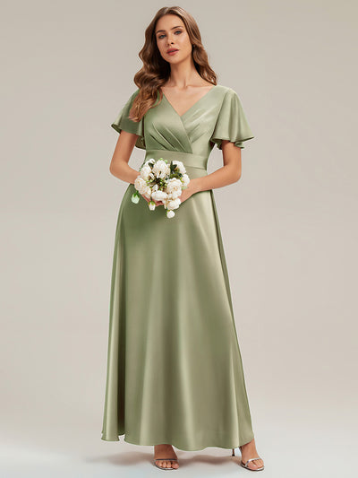 Gathered Satin Ruffle Sleeve Bridesmaid Dress