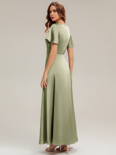 Gathered Satin Ruffle Sleeve Bridesmaid Dress #color_Sage Green
