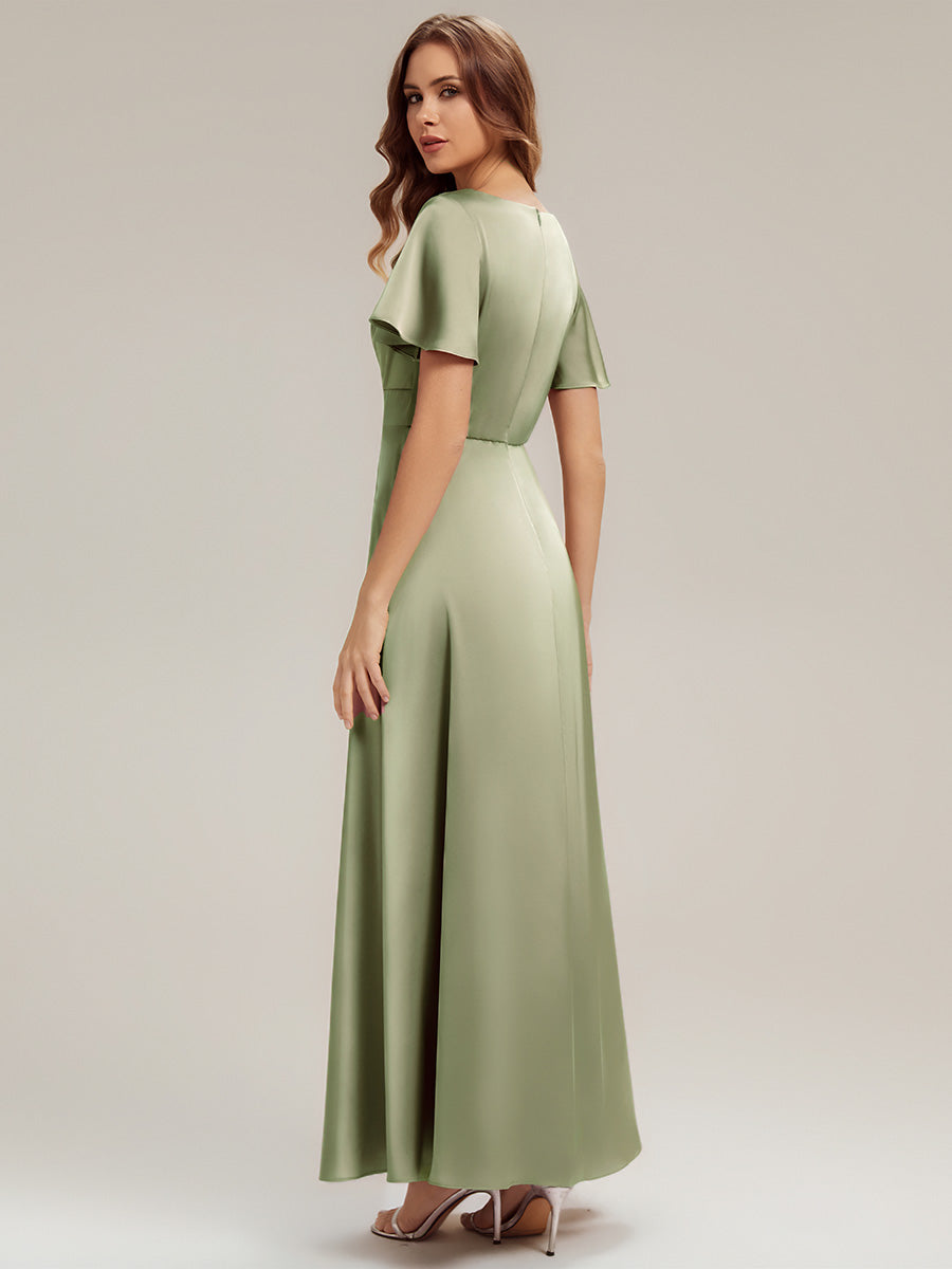 Gathered Satin Ruffle Sleeve Bridesmaid Dress #color_Sage Green