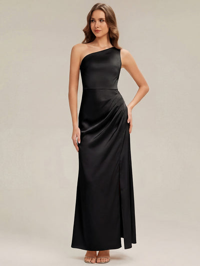 Thigh-High Slit Satin Sleeveless Bridesmaid Dress