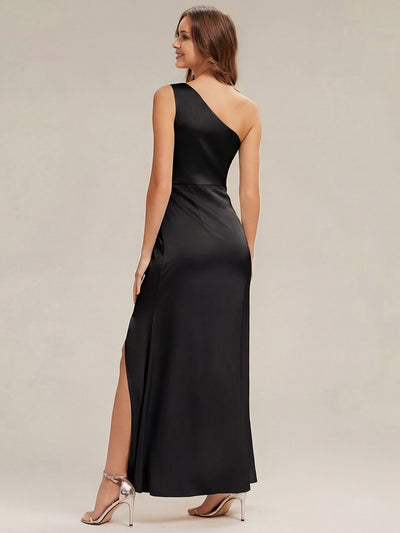 Thigh-High Slit Satin Sleeveless Bridesmaid Dress #color_Black